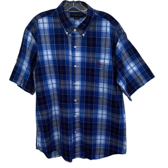 U.S. Polo Assn Button Down Shirt Men's XL Blue Plaid Classic Short Sleeve - Picture 1 of 13